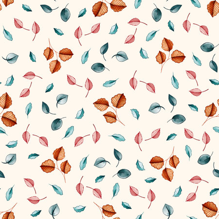 Watercolor Autumn Green and Orange Leaves, Fall Season Ditsy Non Directional Seamless Pattern for Fabric Textile or Nursery Wallpapersの写真素材