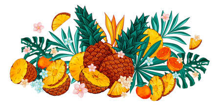 Pineapple and Palm Leaves Watercolor Isolated Illustration of Fruits, Sweet Sunny Summer Arrangement Composition for Bannerの写真素材