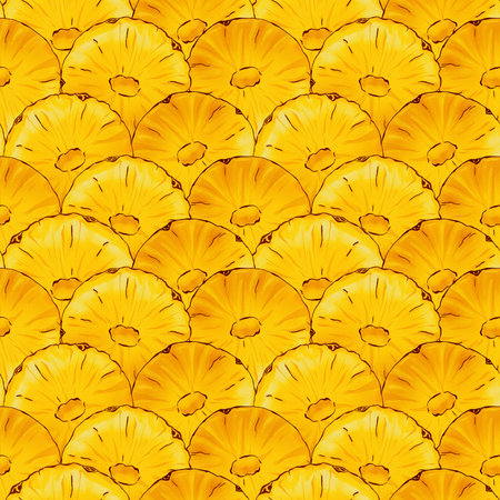 Juicy Yellow Pineapple Slices Scallop Seamless Watercolor Pattern. Fruit Surface Texture, Abstract and Modern Artistic Illustrationの写真素材