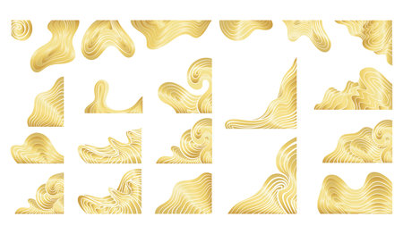 Gold Wavy Corner Set Vector Borders Isolated Design Elements. Luxury, Elegant Decorative Abstract Shapes for Bannerのイラスト素材