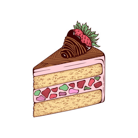 Summer Cake Dessert Vector Bakery or Pastry, Birthday Cupcake Colorful Sketch Retro Hand Drawn Isolated Illustration for Cafe or Restaurantのイラスト素材