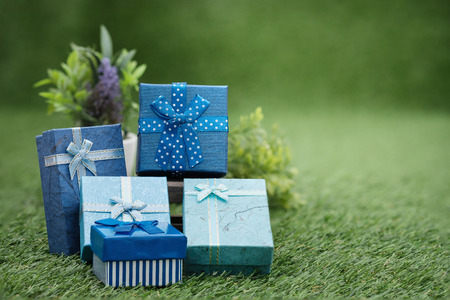 Gift box in green garden, with copy space to write.の写真素材