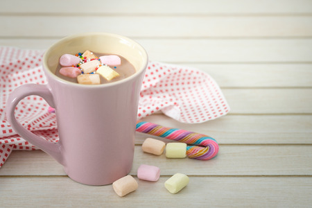 Hot chocolate with marshmallows in a ceramic cup with copy space to write, AF point selection.