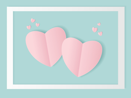 Pink folded paper hearts with shadow in white frame on blue background, Valentines Day concept vector border.のイラスト素材