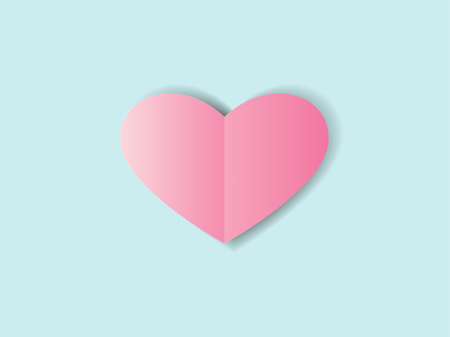 Pink folded paper hearts with shadow on blue background, Valentines Day concept vector border.のイラスト素材