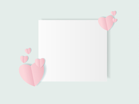 Pink folded paper hearts with shadow on blue background, Valentines Day concept vector border, copy space to write.のイラスト素材