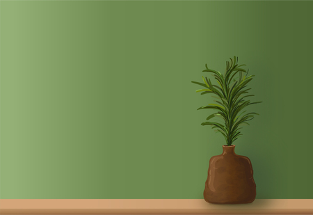 Green leaves in brown ceramic vase on wooden table with Copy space to write.のイラスト素材
