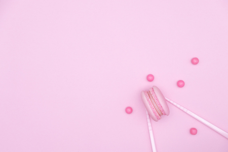 macarons on pink background, Beautiful dessert, Flat lay style with copy space to write.の写真素材