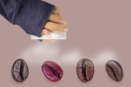 Girl's hand in sweater holding a cup of coffee with colorful coffee-bean.の写真素材