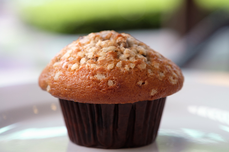 A delicious muffin cake is placed on a white plate on a bright day.の写真素材