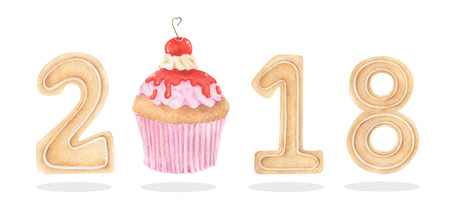 Pencil watercolor of Happy New Year's Cupcakes and cookies with 2018 Numbers.