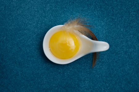 Top view-Yolk Eggs in white ceramic spoon arranged on the blue background, Egg is beneficial to the body, Food concept, with copy space.の写真素材