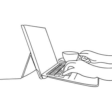 Line drawing of hands typing on laptop computer drawn by hand.のイラスト素材