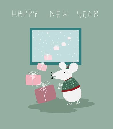 Cute hand drawn rat and gift box on brown background animal Vector illustration.のイラスト素材