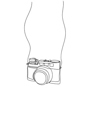 Hand drawn One line drawing of camera linear style. Minimalism style illustration, Black image isolated on white background.のイラスト素材