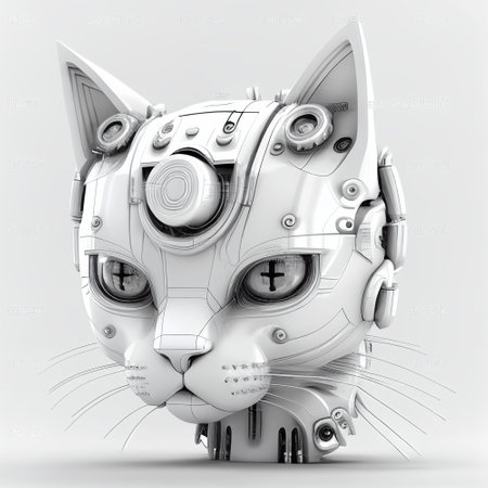 white robotic cat Cyborg iron cat. cat in the ai era artificial intelligence cat illustration, Generative Ai.の素材
