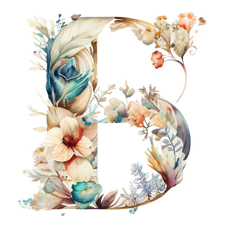 B alphabet /ABC English alphabet painted in watercolor boho emian style Generative Aiの素材
