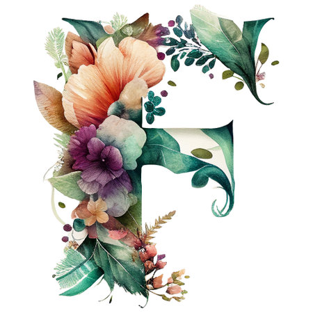 F alphabet / ABC English alphabet painted in watercolor boho emian style Generative Aiの素材
