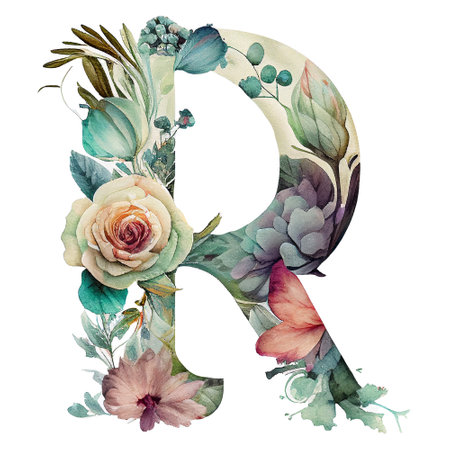 R alphabet / ABC English alphabet painted in watercolor boho emian style Generative Aiの素材