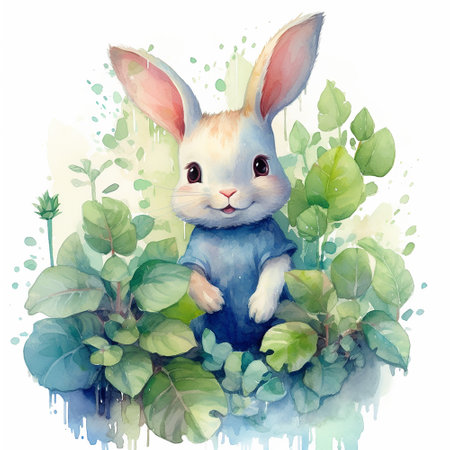 Watercolor illustration of a cute bunny on a background of green leavesの素材