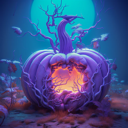 Halloween pumpkin in the dark forest, 3d render illustration.の素材