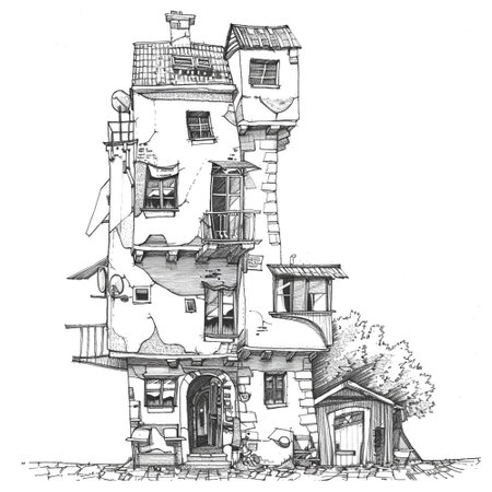 coloring page with a whimsical house for adults, in the style of dark white and light, whimsical illustration, Genneration Aiの素材