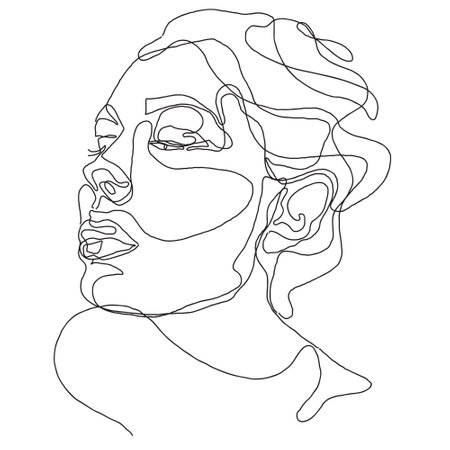 line art drawing of a Beautiful Woman's face.  female models on white backgroundの写真素材