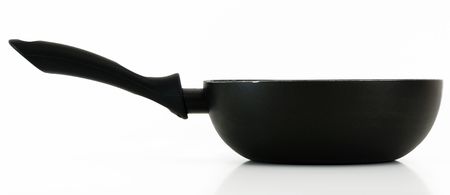 metal frying pan isolated on white backgroundの写真素材