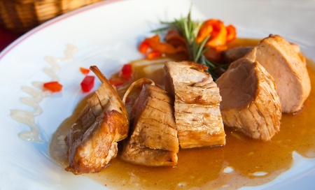 delicious plate of chicken steak and carrotの写真素材