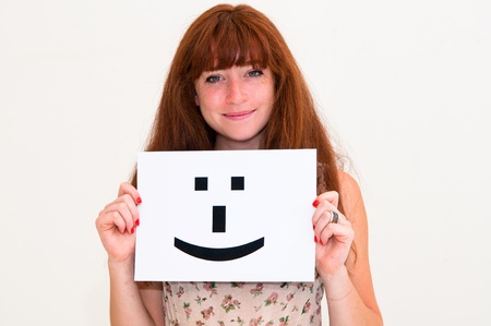 portrait young woman with board Smile face sign の写真素材