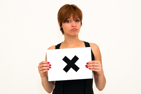 unhappy portrait young woman with board no 
