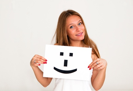 portrait young woman with board Smile face signの写真素材