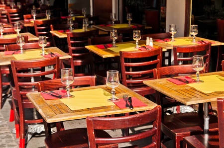 Street view of a Cafe terrace with tables and chairs,paris Franceの写真素材