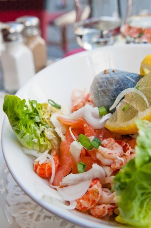 Fresh salad - Delicious fresh salad with tomatoes, lettuce, eggplant, zucchini, cheese, parma ham and olive oil.の写真素材