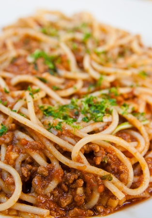 Italian meat sauce noodles on the tableの写真素材