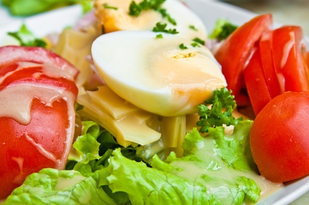 Fresh salad - Delicious fresh salad with tomatoes, lettuce, eggplant, zucchini, cheese, parma ham and olive oil.の写真素材