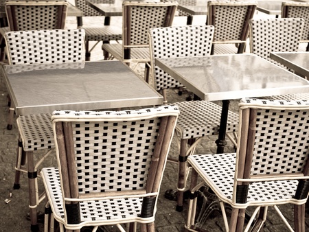 Street view of a Cafe terrace with tables and chairs,paris Franceの写真素材