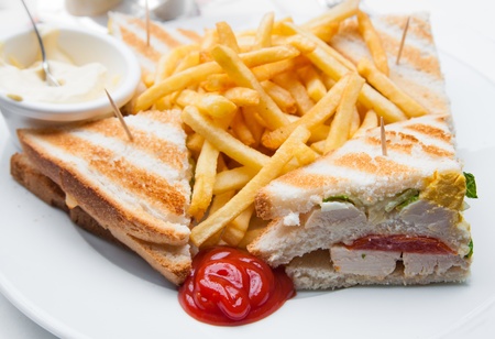 Sandwich with chicken, cheese and golden French fries potatoesの写真素材