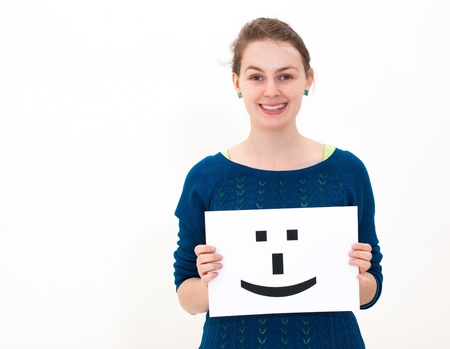 portrait young woman with board Smile face signの写真素材
