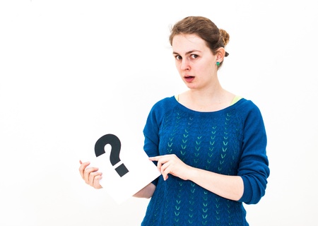 portrait young woman with board question mark signの写真素材