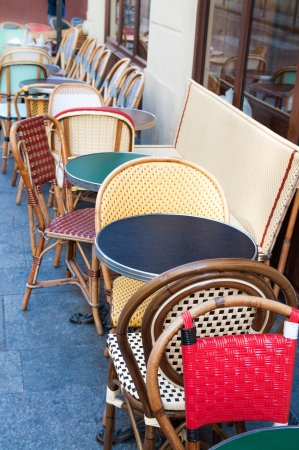 Street view of a coffee terrace with tables and chairs,paris Franceの写真素材