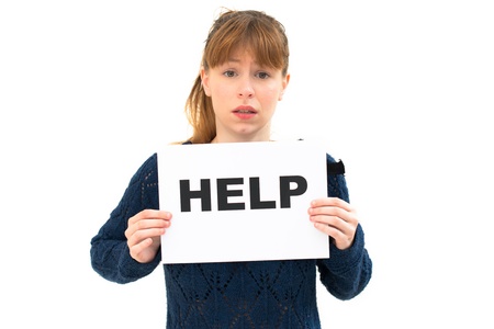 NEED HELP? portrait young woman with board HELP