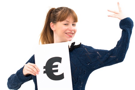 portrait young woman with board euro markの写真素材