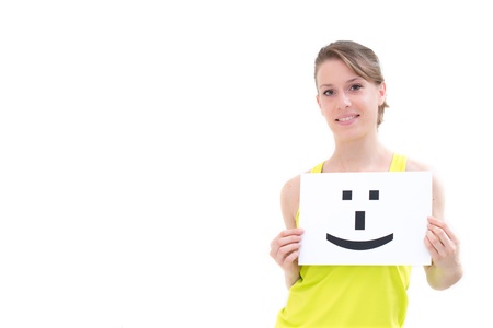 portrait young woman with board Smile face signの写真素材