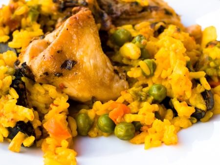 Prawn with rice - closeup of prawn with rice - traditionnal spanish food paellaの写真素材