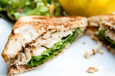 Sandwich with chicken, cheese and golden French fries potatoesの写真素材