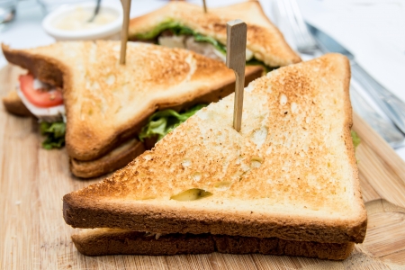 Sandwich with chicken, cheese and golden French fries potatoes