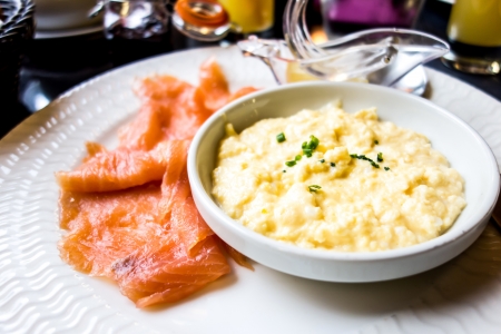 Fresh salmon with omeletの写真素材