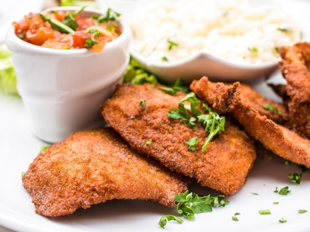 Chicken nuggets-Rice and chicken on white plateの写真素材