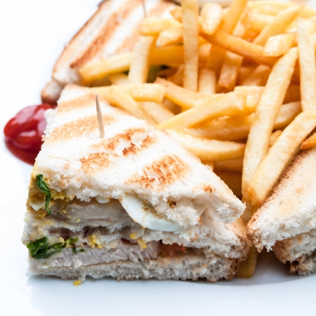 Sandwich with chicken, cheese and golden French fries potatoesの写真素材